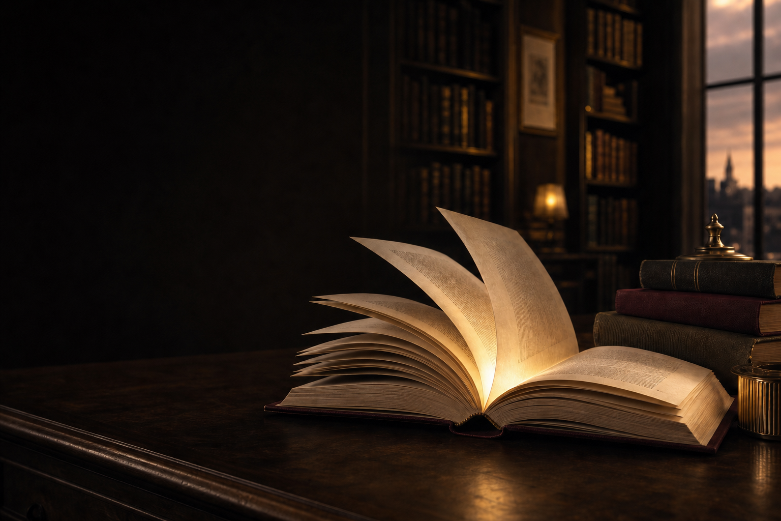 An open book glowing in an elegant library at dusk
