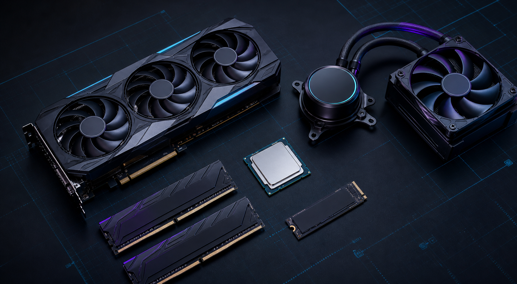 Premium graphics card, processor, memory, storage and liquid cooling components
