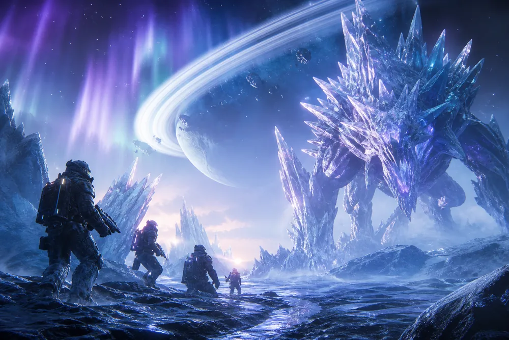 Space explorers confronting a crystalline alien beast