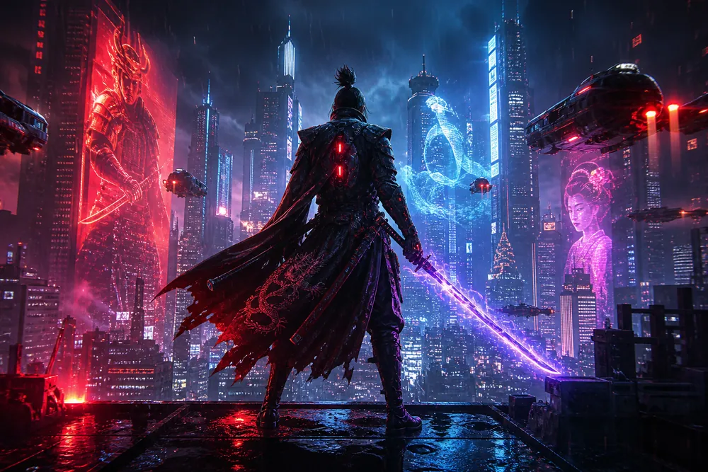 Cyber samurai overlooking a futuristic neon city