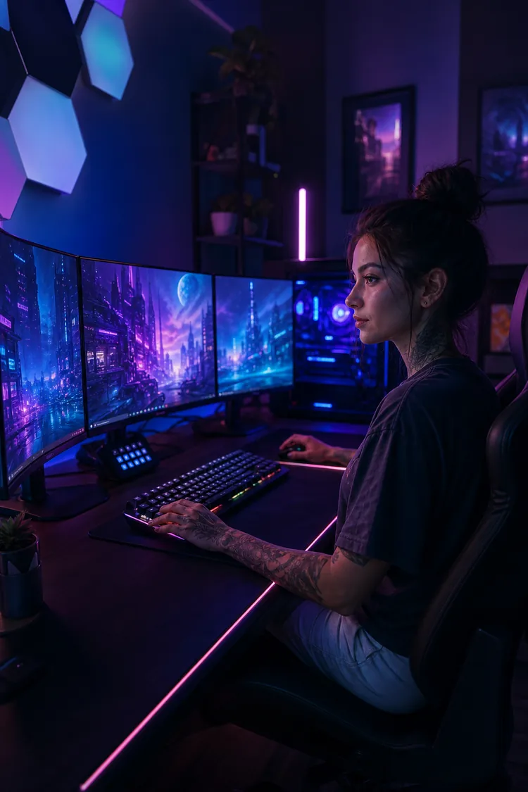 Gamer at a colorful triple-monitor PC setup