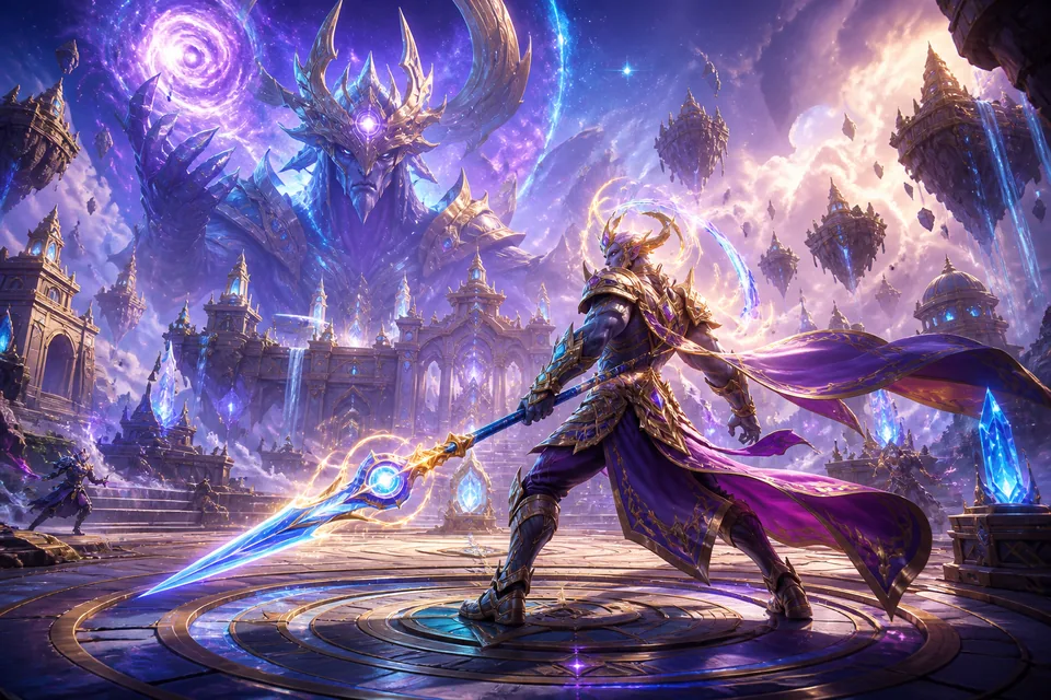 Celestial warrior in a vast mythic arena