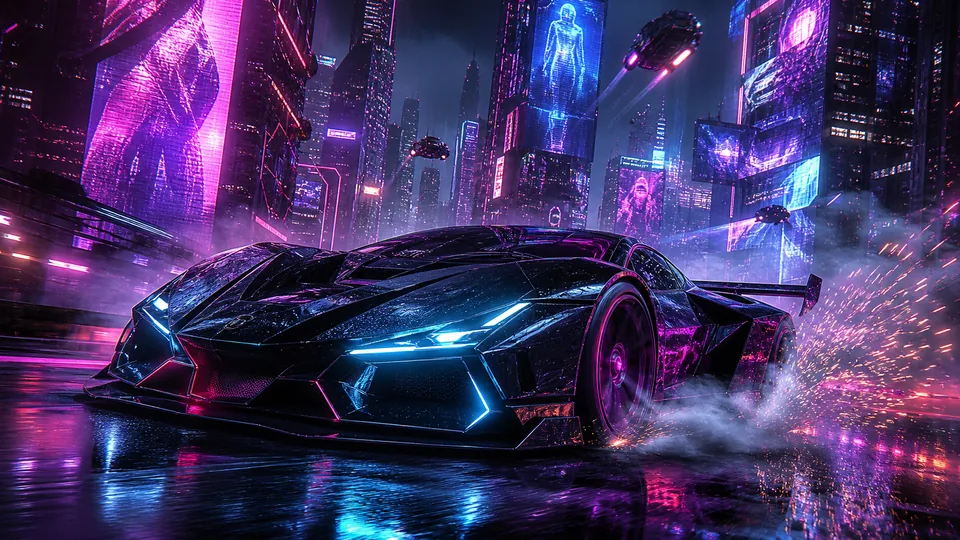Futuristic supercar racing through a neon city