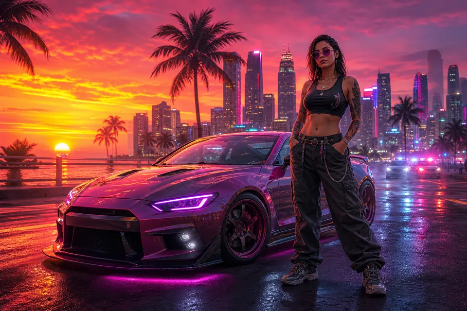 Street racer beside a sports car in a neon coastal city