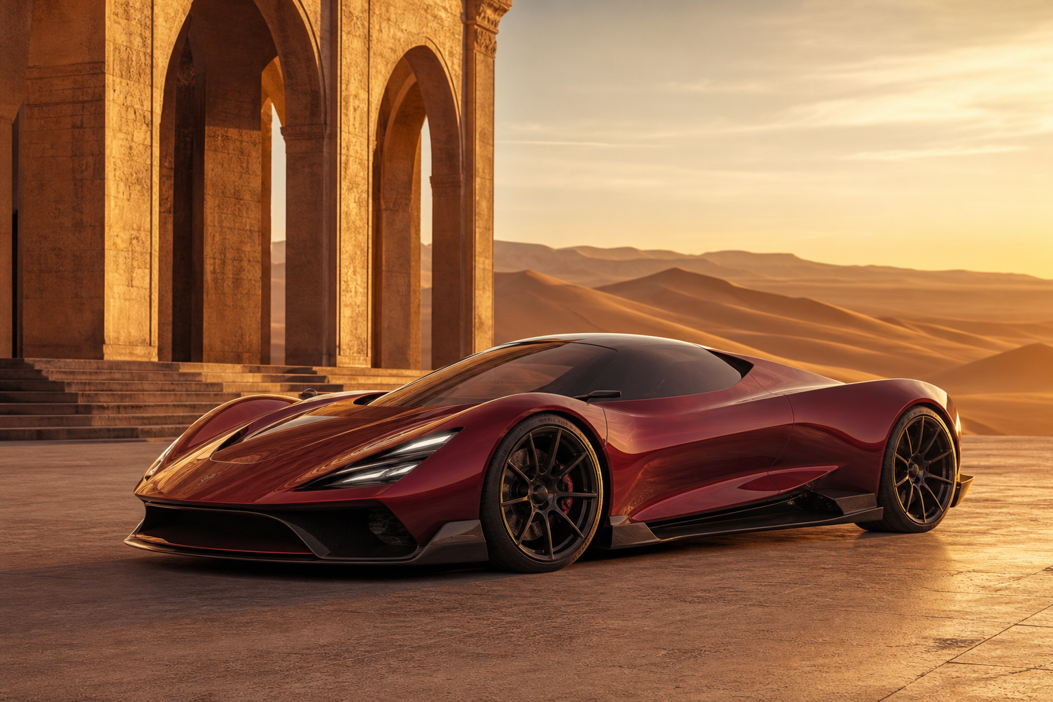 Burgundy luxury hypercar beside monumental desert architecture