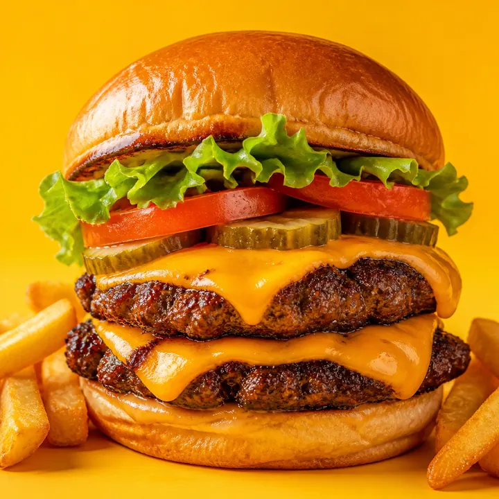 Double cheeseburger with fresh vegetables and fries