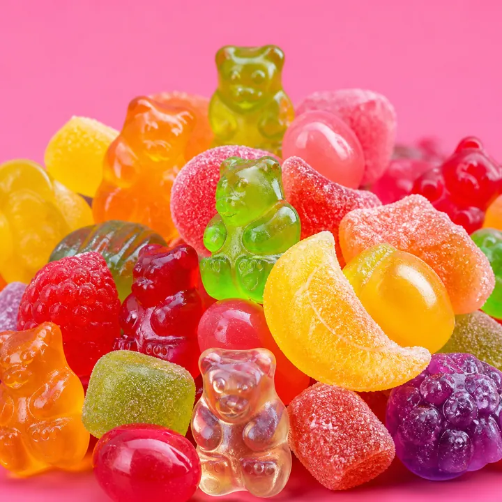 Colorful gummy bears and fruit candies