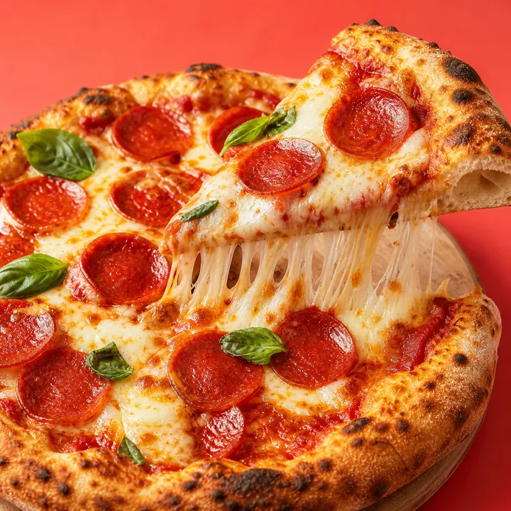 Pepperoni pizza with a melted cheese pull