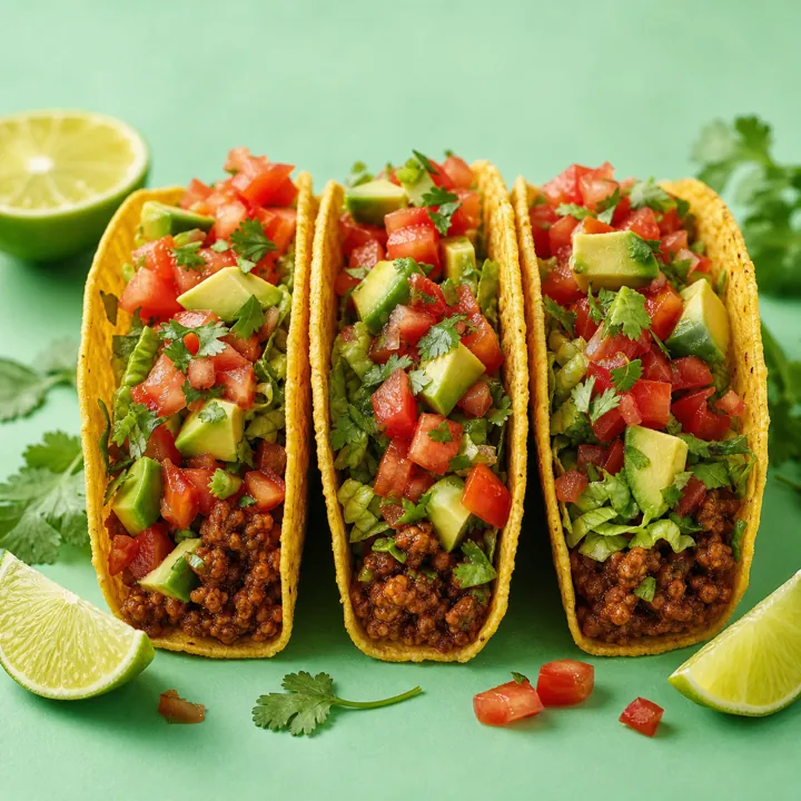 Three crunchy tacos with avocado and fresh salsa