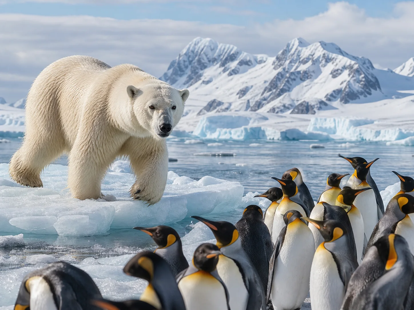 Polar bear crossing bright ice near a group of king penguins
