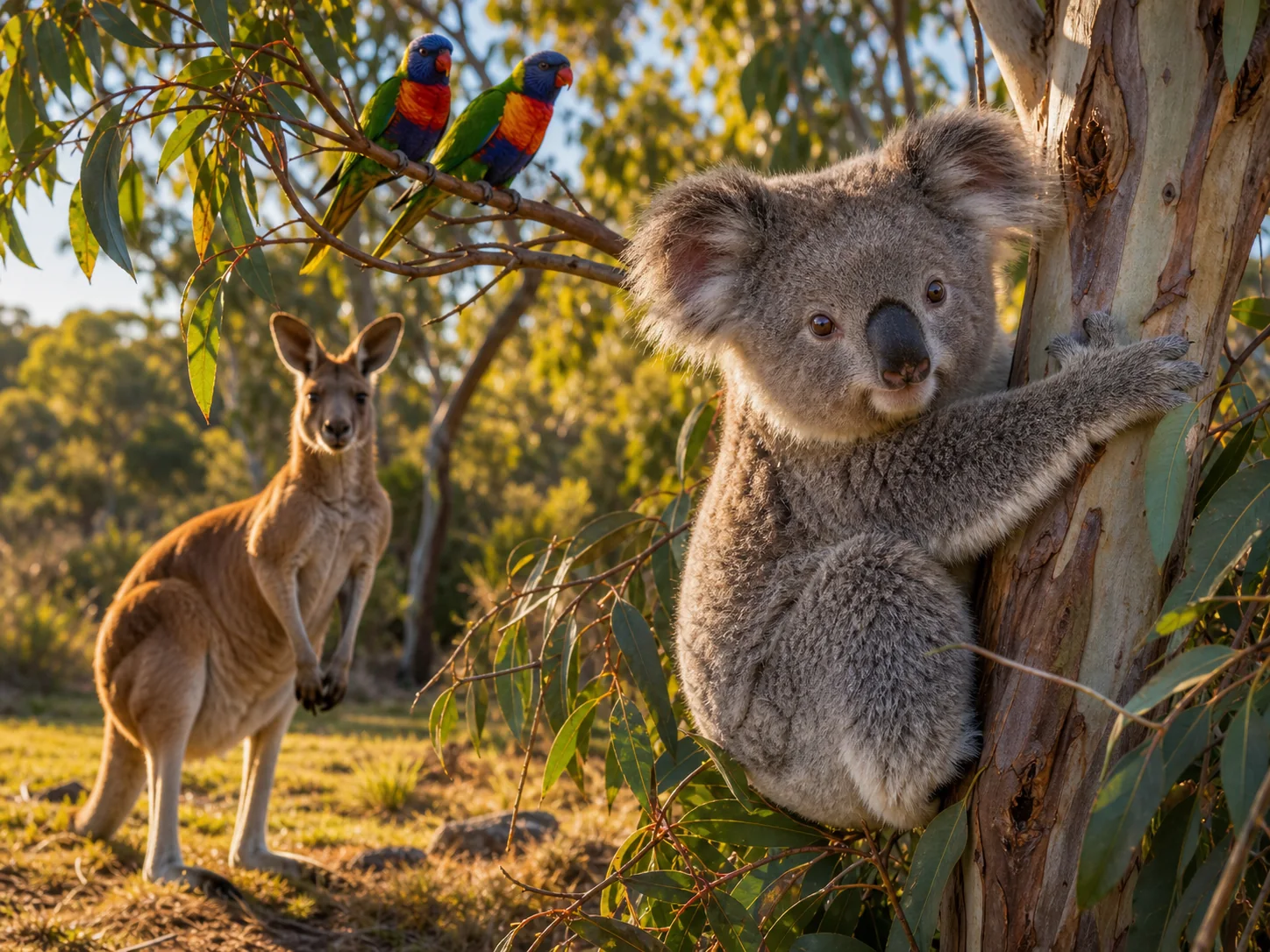 Koala, kangaroo and rainbow lorikeets in sunlit Australian bushland