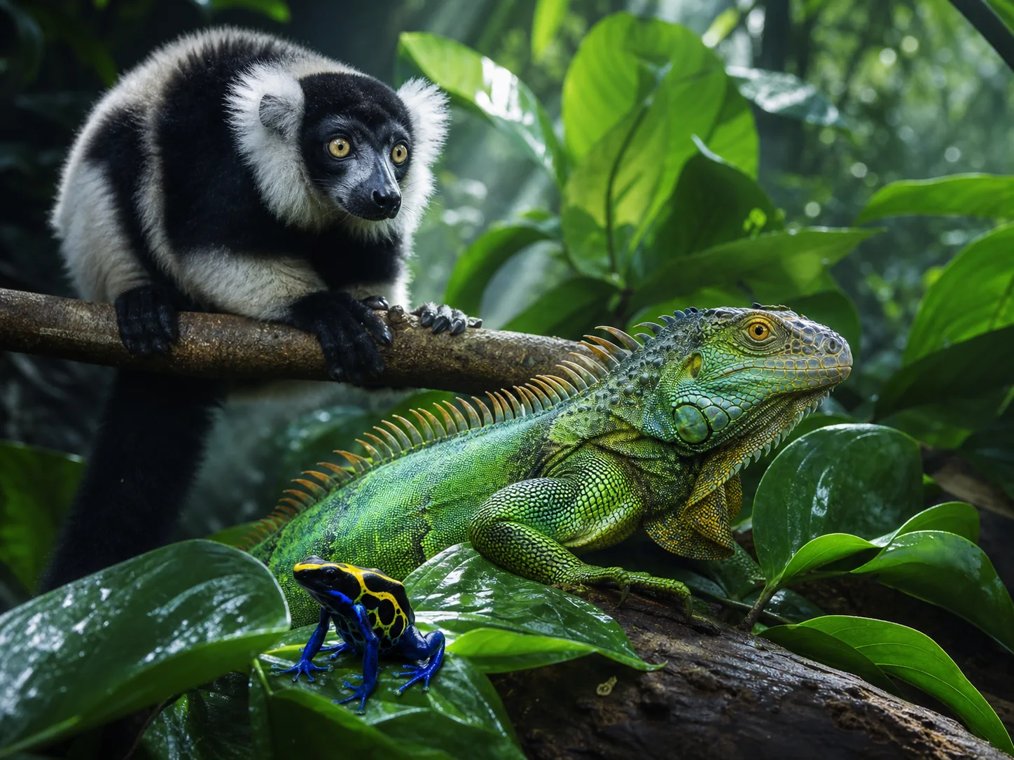 Black-and-white ruffed lemur, green iguana and poison dart frog in a rainforest