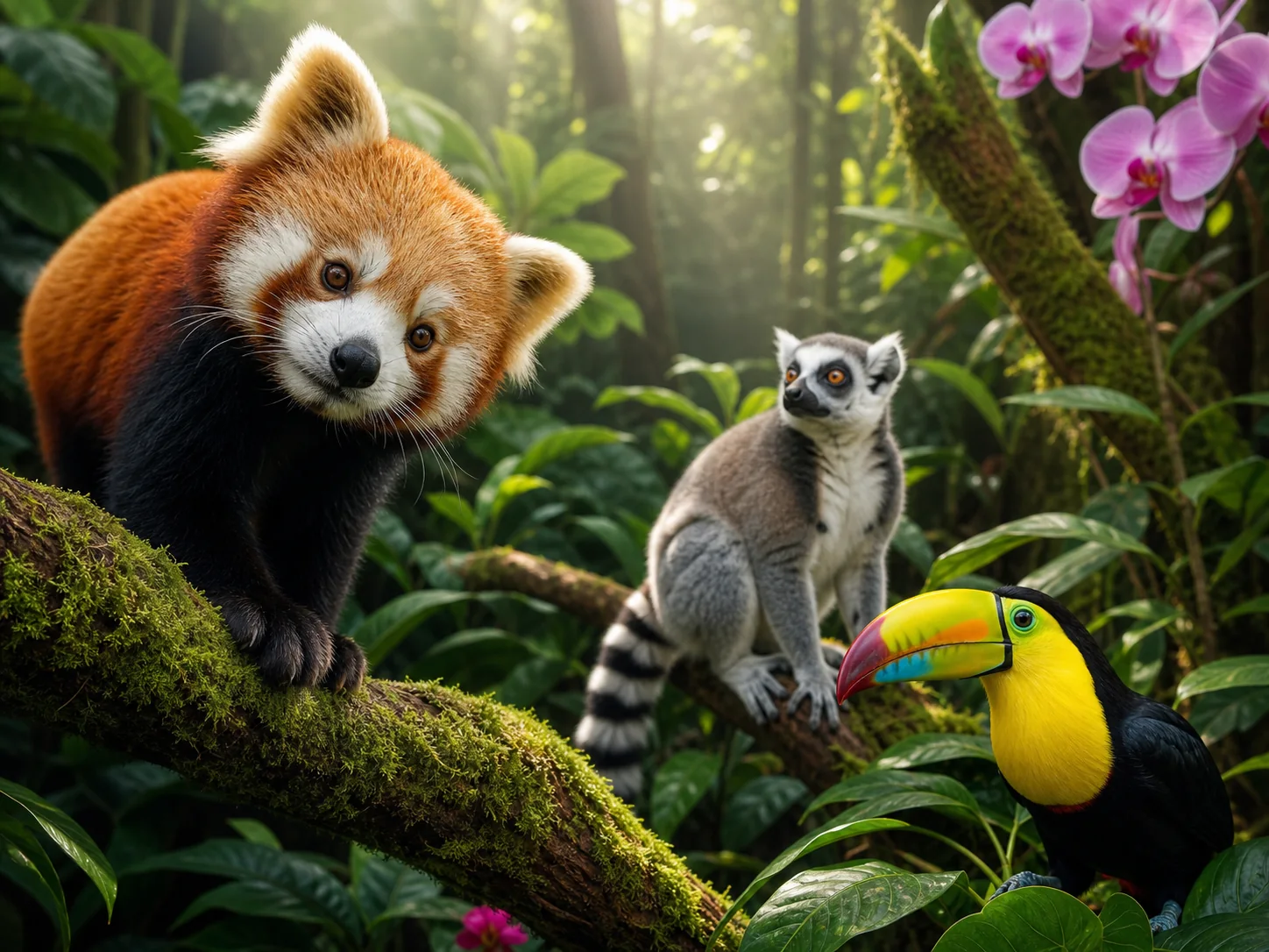 Red panda with a lemur and toucan in a rainforest