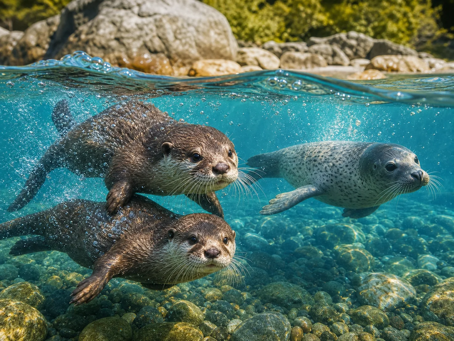 Playful Asian small-clawed otters swimming beside a harbor seal