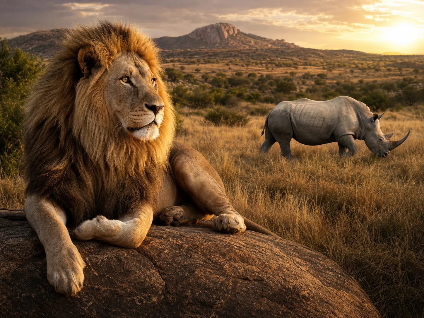 Male African lion and white rhinoceros in golden savanna grass
