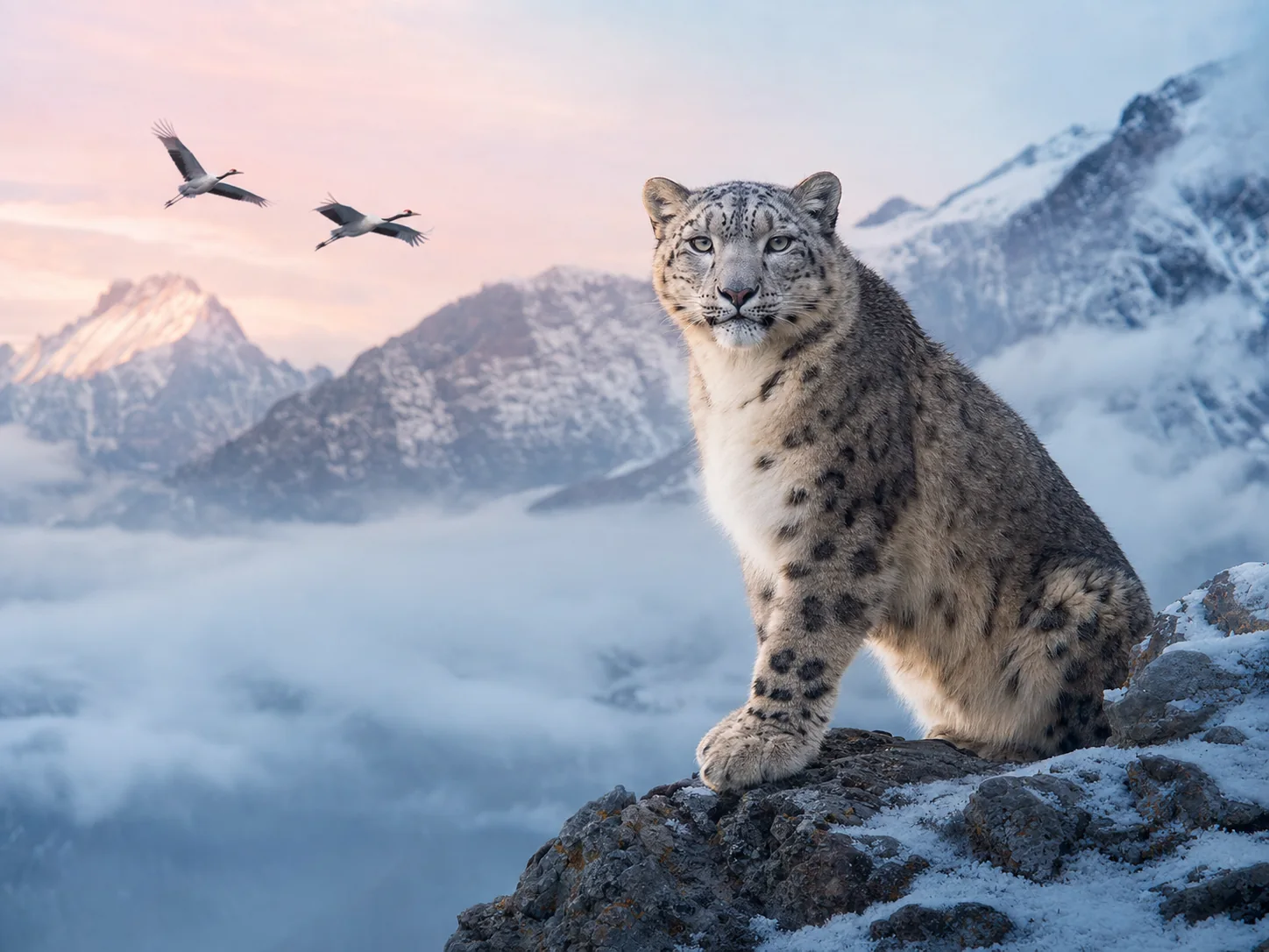 Snow leopard on a Himalayan ledge with red-crowned cranes in flight